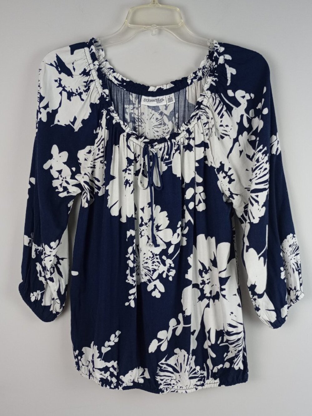 St Johns Bay Womens L Blue White Drawstring Tie Neck Peasant Sleeve Blouse Shirt